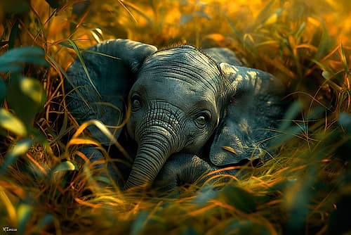 Close-up of baby elephant in vegetation Art Print by Jaynes Gallery